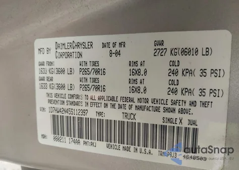 2005 Dodge Dakota Slt from USA, damaged, VIN 1D7HW42N45S112397